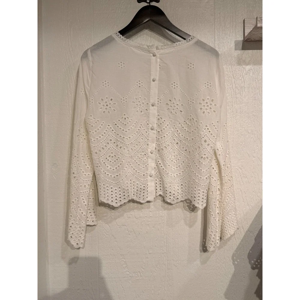 White Eyelet Lace 2 Piece‎ Set Long Sleeve Button Back Top & Tiered Mini Skirt